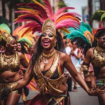 Group of samba dancers in vibrant costumes dancing in a lively street parade - Image 3