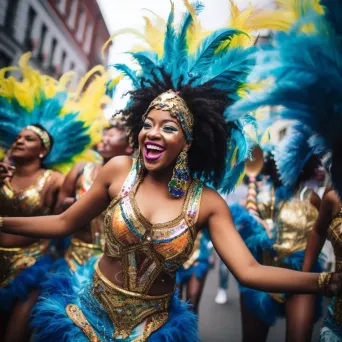 Group of samba dancers in vibrant costumes dancing in a lively street parade - Image 4