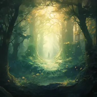 Image of an ancient forest with tall, mysterious trees and sunlight filtering through - Image 1