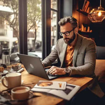 Entrepreneur analyzing market data on a laptop in a coffee shop. - Image 1