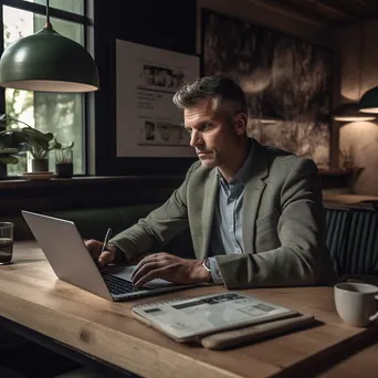 Entrepreneur analyzing market data on a laptop in a coffee shop. - Image 2