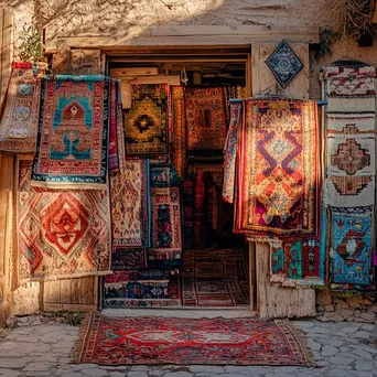 Handmade carpets hanging against a rustic wall. - Image 1