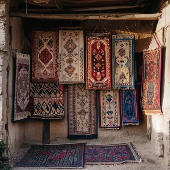 Handmade carpets hanging against a rustic wall. - Image 2