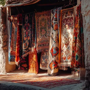 Handmade carpets hanging against a rustic wall. - Image 3