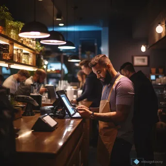 Cashier using a smartphone card reader for a contactless payment in a café. - Image 1