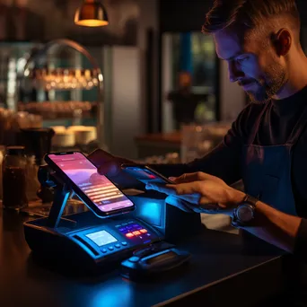 Cashier using a smartphone card reader for a contactless payment in a café. - Image 2