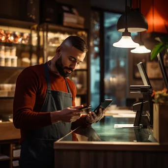 Cashier using a smartphone card reader for a contactless payment in a café. - Image 3