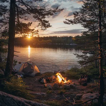 Campsite by the lake at sunset with a bonfire - Image 3