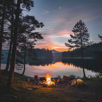 Campsite by the lake at sunset with a bonfire - Image 4