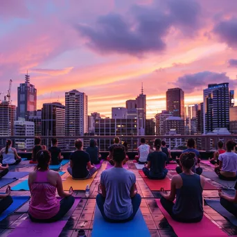 Participants doing yoga on a rooftop at sunrise with city views - Image 4