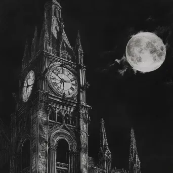 Intricately detailed pencil sketch of a Gothic clock tower under moonlit midnight - Image 1