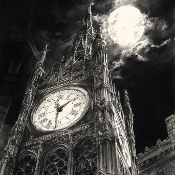 Intricately detailed pencil sketch of a Gothic clock tower under moonlit midnight - Image 2