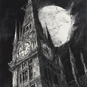 Intricately detailed pencil sketch of a Gothic clock tower under moonlit midnight - Image 3