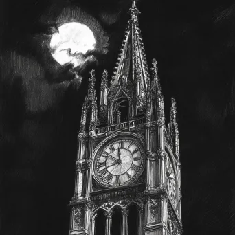 Midnight Gothic Clock Tower in Pencil Sketch