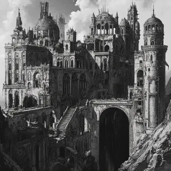 Monochrome sketches of an intricate grand citadel showcasing Gothic and Baroque influences - Image 1