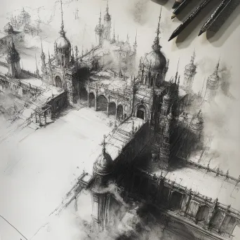 Monochrome sketches of an intricate grand citadel showcasing Gothic and Baroque influences - Image 3