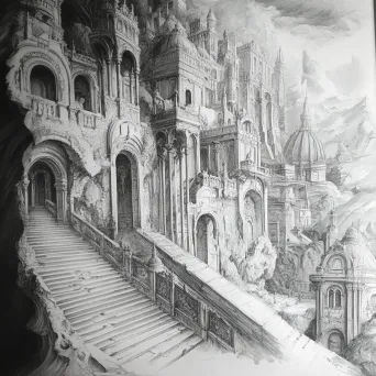 Monochrome sketches of an intricate grand citadel showcasing Gothic and Baroque influences - Image 4