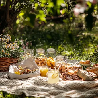 Vibrant outdoor picnic with organic snacks and lemonade in jars set on a blanket amidst greenery. - Image 2