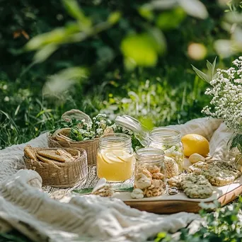 Vibrant outdoor picnic with organic snacks and lemonade in jars set on a blanket amidst greenery. - Image 3