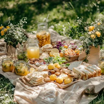 Vibrant outdoor picnic with organic snacks and lemonade in jars set on a blanket amidst greenery. - Image 4