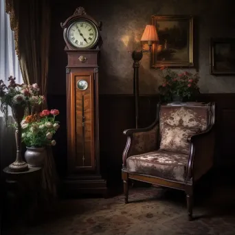 Antique grandfather clock, vintage oil lamp, and floral armchair in an elegant room - Image 2