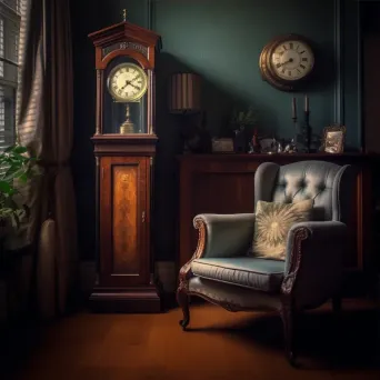 Antique grandfather clock, vintage oil lamp, and floral armchair in an elegant room - Image 3