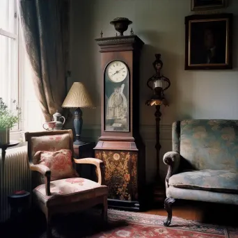 Antique grandfather clock, vintage oil lamp, and floral armchair in an elegant room - Image 4