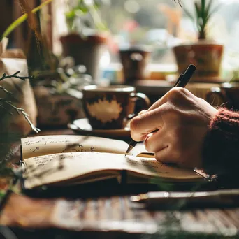 Hands writing in a notebook with coffee and stationery. - Image 1