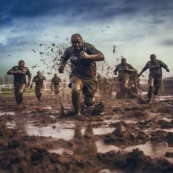 Intense Rugby Game on Muddy Field