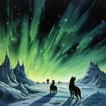 Northern Lights over a vast tundra with a pack of wolves in the distance - Image 2