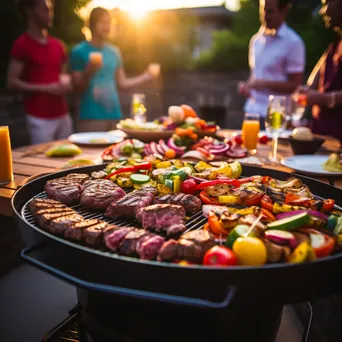 Group of friends enjoying an outdoor BBQ with a grill filled with steaks and vegetables - Image 4