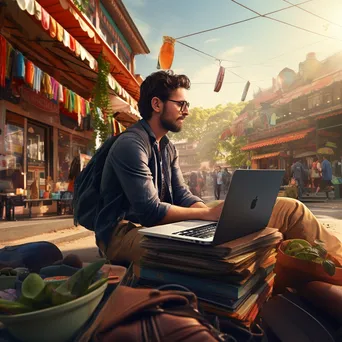 Freelancer using laptop at a busy market - Image 1