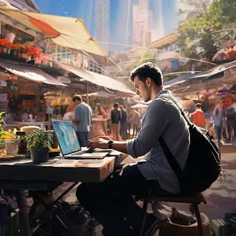 Freelancer using laptop at a busy market - Image 2