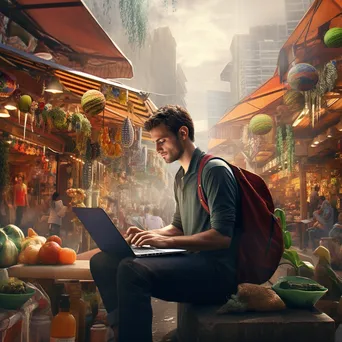 Freelancer using laptop at a busy market - Image 4