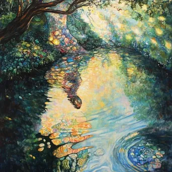 Artwork of a fantastical creature reflected in a shimmering pond amidst a vibrant, sunlit forest - Image 1