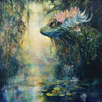 Artwork of a fantastical creature reflected in a shimmering pond amidst a vibrant, sunlit forest - Image 2