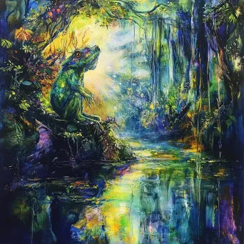 Artwork of a fantastical creature reflected in a shimmering pond amidst a vibrant, sunlit forest - Image 4