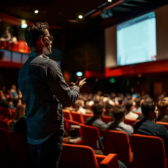 Startup founder presenting at a tech conference with an audience in attendance. - Image 1