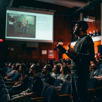 Startup founder presenting at a tech conference with an audience in attendance. - Image 2