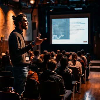 Startup founder presenting at a tech conference with an audience in attendance. - Image 3