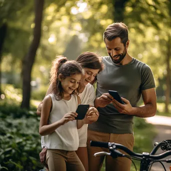 Family cycling in a park with one member checking fitness app on smartphone - Image 2