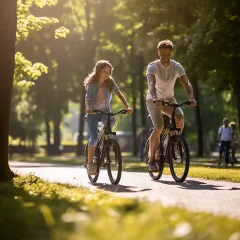 Family cycling in a park with one member checking fitness app on smartphone - Image 3