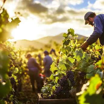 Workers harvesting grapes in vineyard under sunshine - Image 2