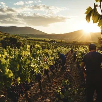 Workers harvesting grapes in vineyard under sunshine - Image 4