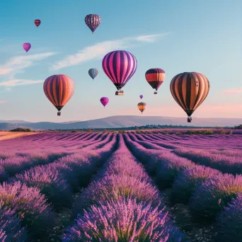 Hot air balloons floating over a lavender field in full bloom under a blue sky - Image 1