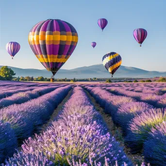 Hot air balloons floating over a lavender field in full bloom under a blue sky - Image 2