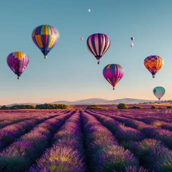 Hot air balloons floating over a lavender field in full bloom under a blue sky - Image 4