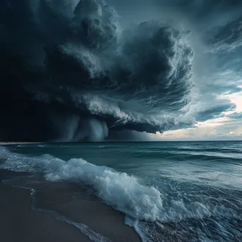 Thunderstorm with crashing waves and dark clouds over a beach. - Image 1