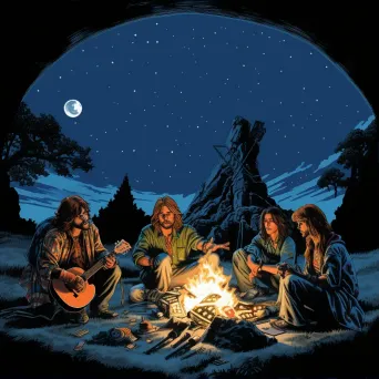 Friends gathered around campfire sharing stories under starry sky - Image 1