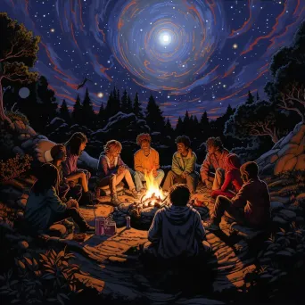 Friends gathered around campfire sharing stories under starry sky - Image 3